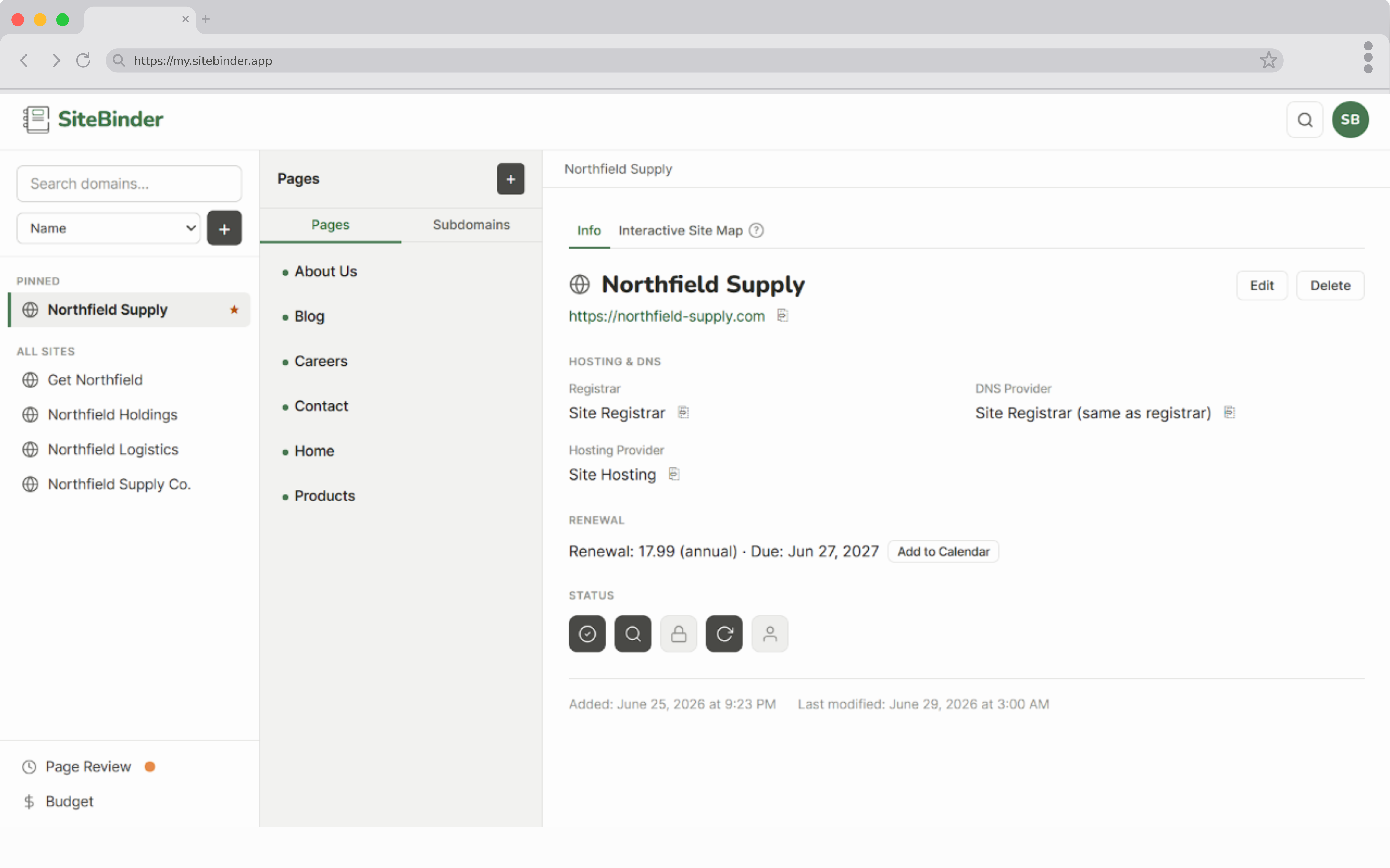 SiteBinder domain detail view