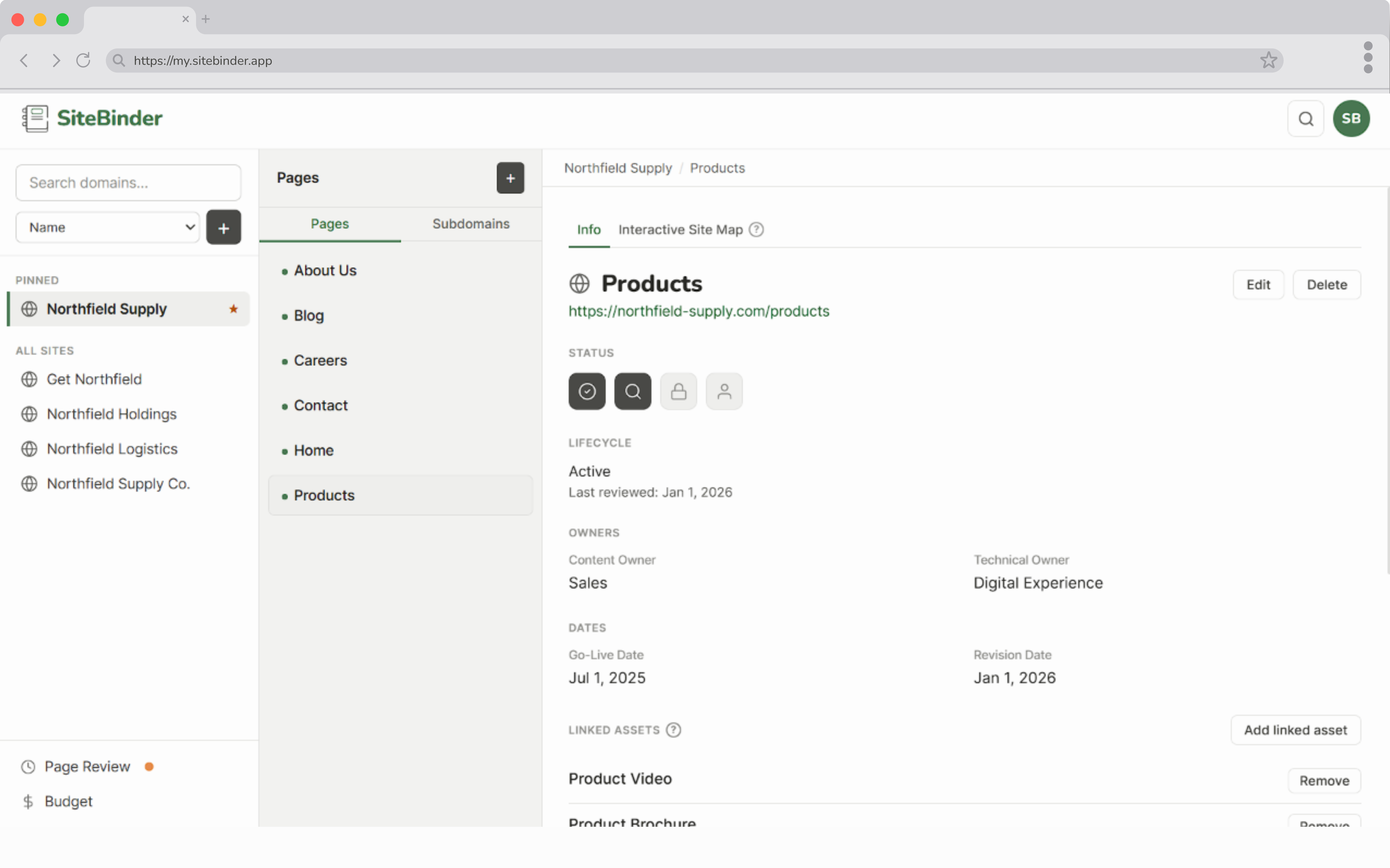 SiteBinder Products page detail, top of page