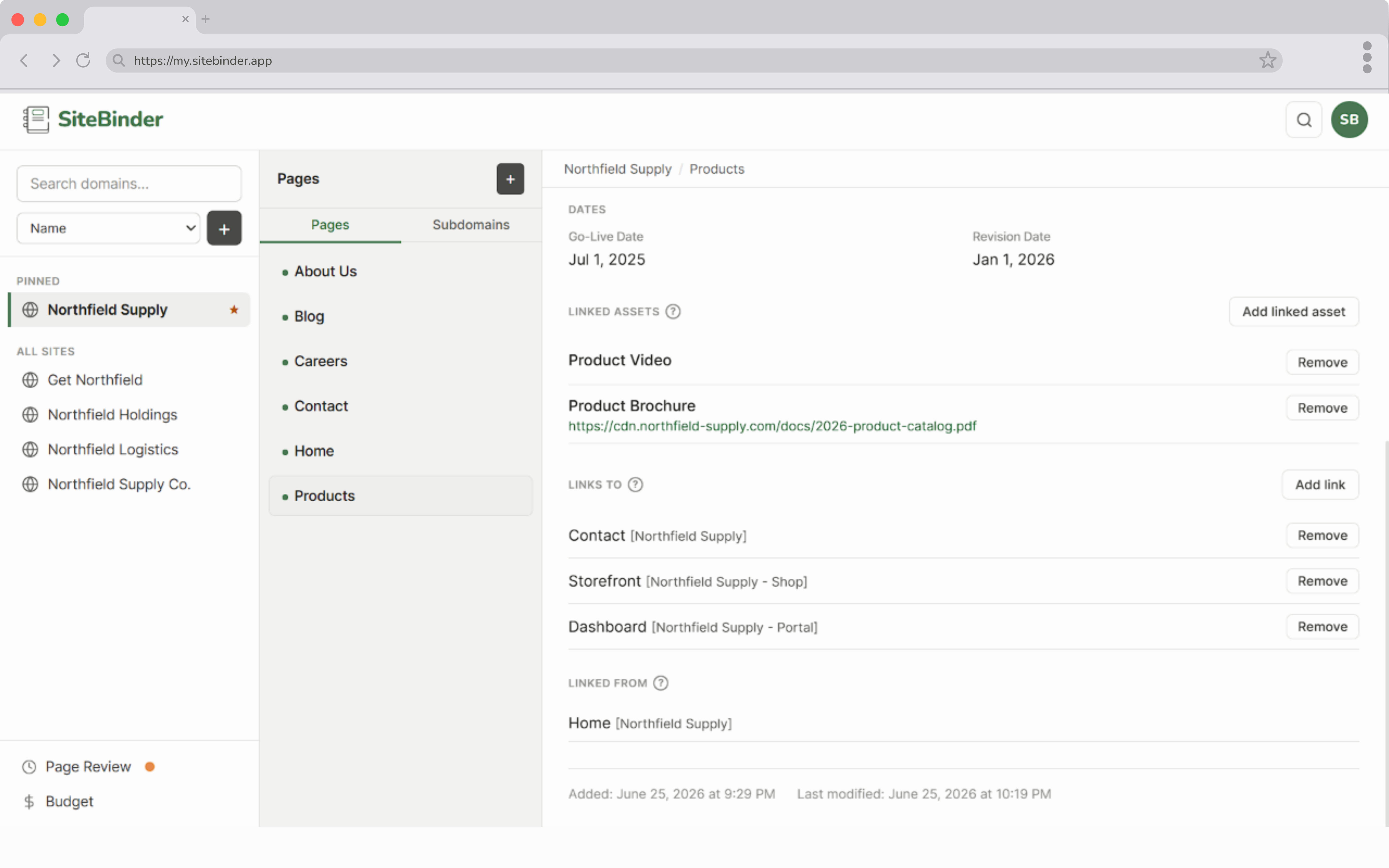 SiteBinder Products page, Linked Assets, Links To, and Linked From sections
